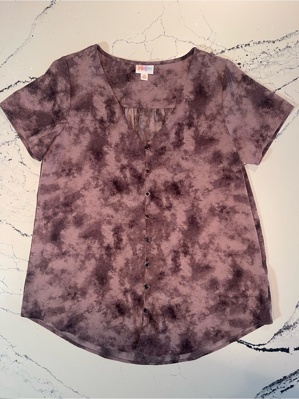 LuLaRoe Mauve and Charcoal Tie-Dye Button Front Blouse